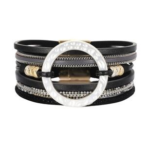 NWT Black & Silver Leather Bracelet with Statement Ring